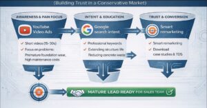 תרשים אסטרטגיית תוכן B2B לשוק הבנייה – מודל המשפך של צחי ששה