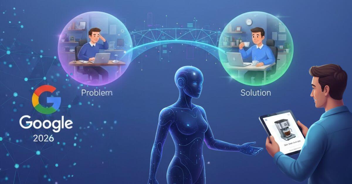 הדמיה של מהפכת ה-Agentic Commerce בגוגל 2026: סוכן AI מחבר בין צורך של משתמש לפתרון עסקי מותאם אישית, בעיצוב טכנולוגי נקי עם לוגו Intouch וצחי שאשא