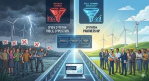 אילוסטרציה קונספטואלית למקרה בוחן של Intouch על אסטרטגיית Full Funnel. התמונה מפוצלת וממחישה מעבר מהתנגדות ציבורית (צד שמאל סוער עם מפגינים ומשפך שבור) לשותפות (צד ימין שמשי עם בעלי עניין לוחצים ידיים ומשפך שלם). גשר דיגיטלי במרכז מציג את שלבי התהליך מודעות (Video Ad Sequence), מעורבות (חינוך) ויצירת ביקוש (אמון). לפטופ בחזית מציג את דוח המקרה בוחן עם גרף צמיחה עולה.