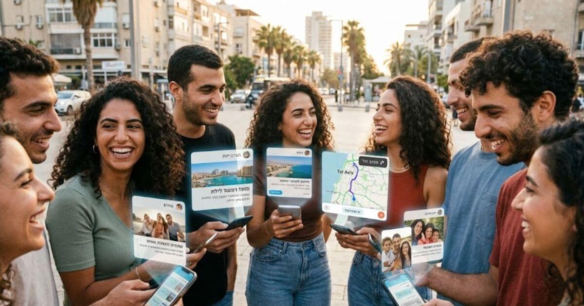 ויזואליזציה של פרסונליזציה ומיקרו-סגמנטציה: קבוצת ישראלים צופה בתוכן מותאם אישית על גבי מסכים הולוגרפיים בנייד. התמונה מלווה פוסט מקצועי של צחי שאשא, מומחה לאסטרטגיית פרסום ב-Google Ads, בנושא התאמת המסר לקהל היעד