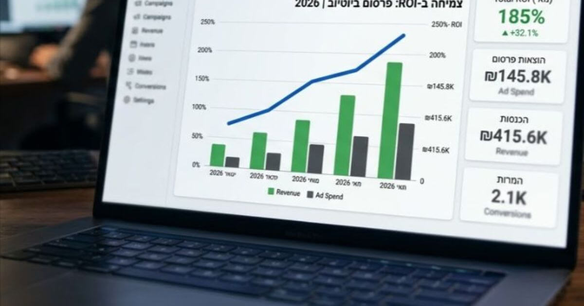 תרשים צמיחה ב-ROI של פרסום ביוטיוב ב-2026 המציג עלייה בהכנסות מול הוצאות פרסום ומדדי Brand Lift