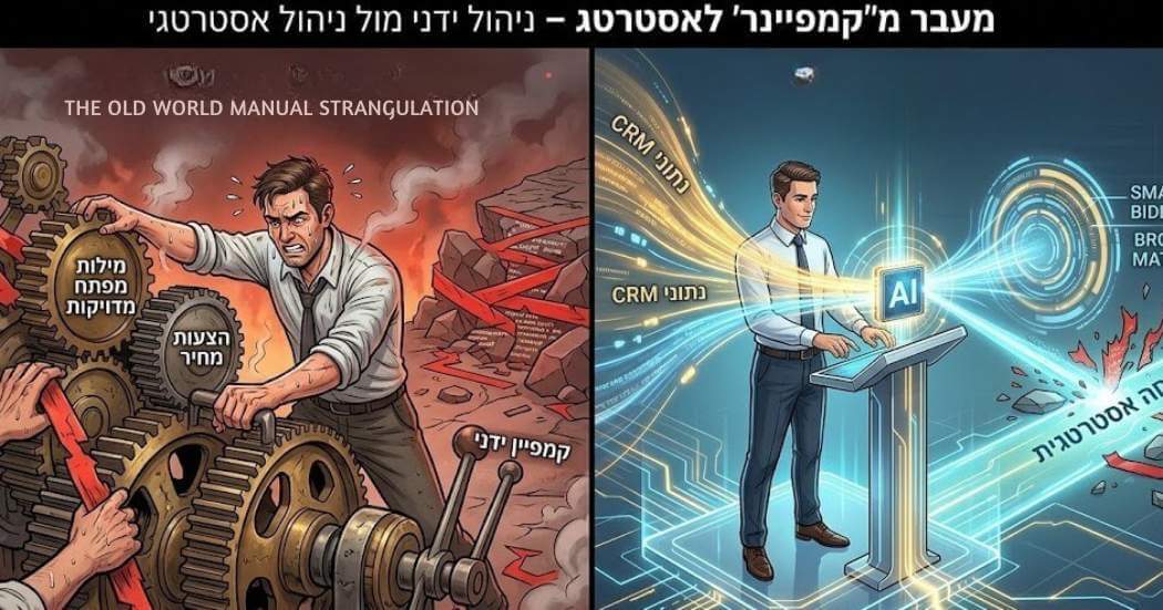 איור המציג את אסטרטגיית גוגל אדס 2026: השוואה בין ניהול ידני חונק לבין ניהול אסטרטגי מבוסס AI ונתוני CRM לצמיחה.