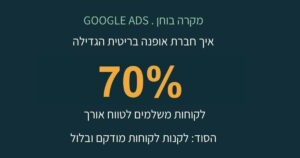 באנר מקרה בוחן Google Ads עבור קמפיין ממומן בגוגל, המציג טקסט על רקע כהה: "איך חברת אופנה בריטית הגדילה ב-70% לקוחות משלמים לטווח ארוך. הסוד: לקנות לקוחות מוקדם ובזול".