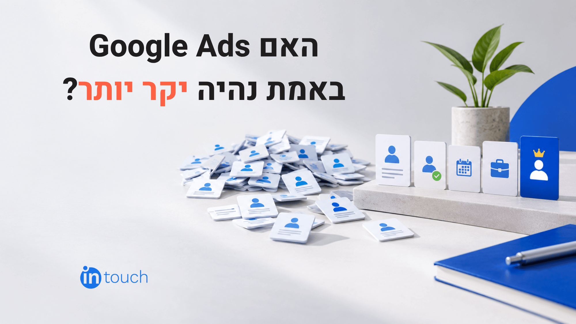 Desk graphic with lead qualification cards and Hebrew text analyzing Google Ads cost per lead increases.